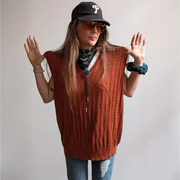 Vintage Silk Cable Knit Sweater Vest Rust Orange Grandpa Cottage Preppy Top XL - Picture 2 of 9